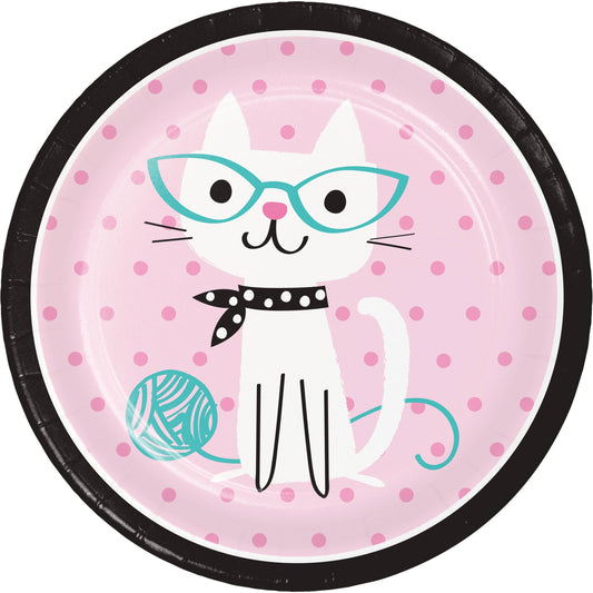Plato fiesta gatos x 22.2cm con diseño de gato blanco con gafas y bufanda sobre fondo rosa con puntos, ideal para decoración de cumpleaños infantil.