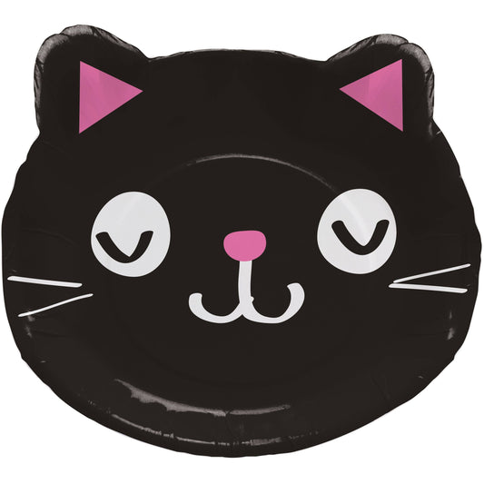 Plato en forma de carita de gato negro con detalles rosados y blancos, ideal para decoración de cumpleaños. Paquete de 8 unidades.