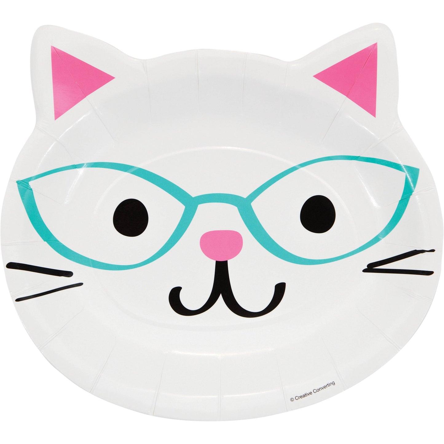Plato en forma de carita de gato con gafas turquesa y detalles rosados. Ideal para decoración de cumpleaños temática gatuna. Paquete de 8 unidades.