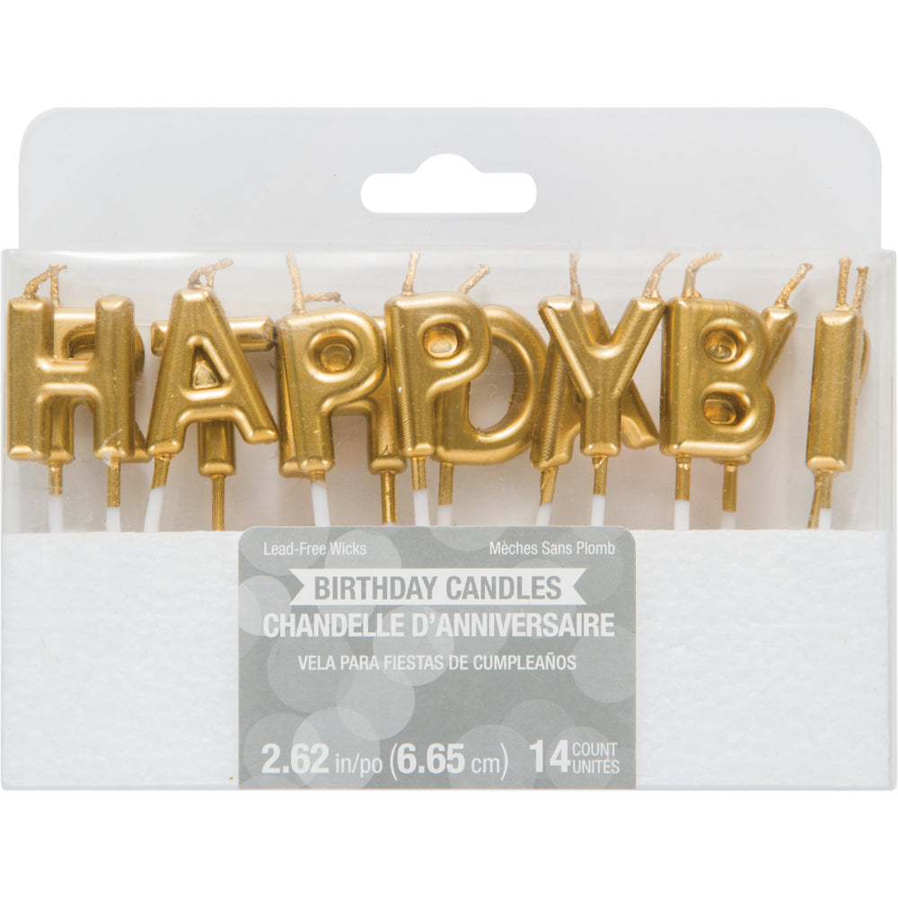 Velas doradas del Kit Fiesta Lujo para cumpleaños adulto, diseño de letras que forman 'Happy Birthday', ideales para decorar pasteles.