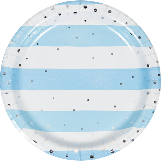 Plato de cartón azul y blanco con puntos plateados del Kit Baby Shower Niño ExpertiBox. Ideal para decoración de fiesta temática infantil.