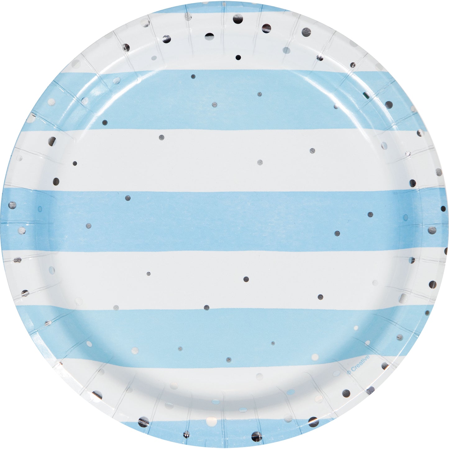 Plato de cartón azul y blanco con puntos plateados del Kit Baby Shower Niño ExpertiBox. Ideal para decoración de fiesta temática infantil.