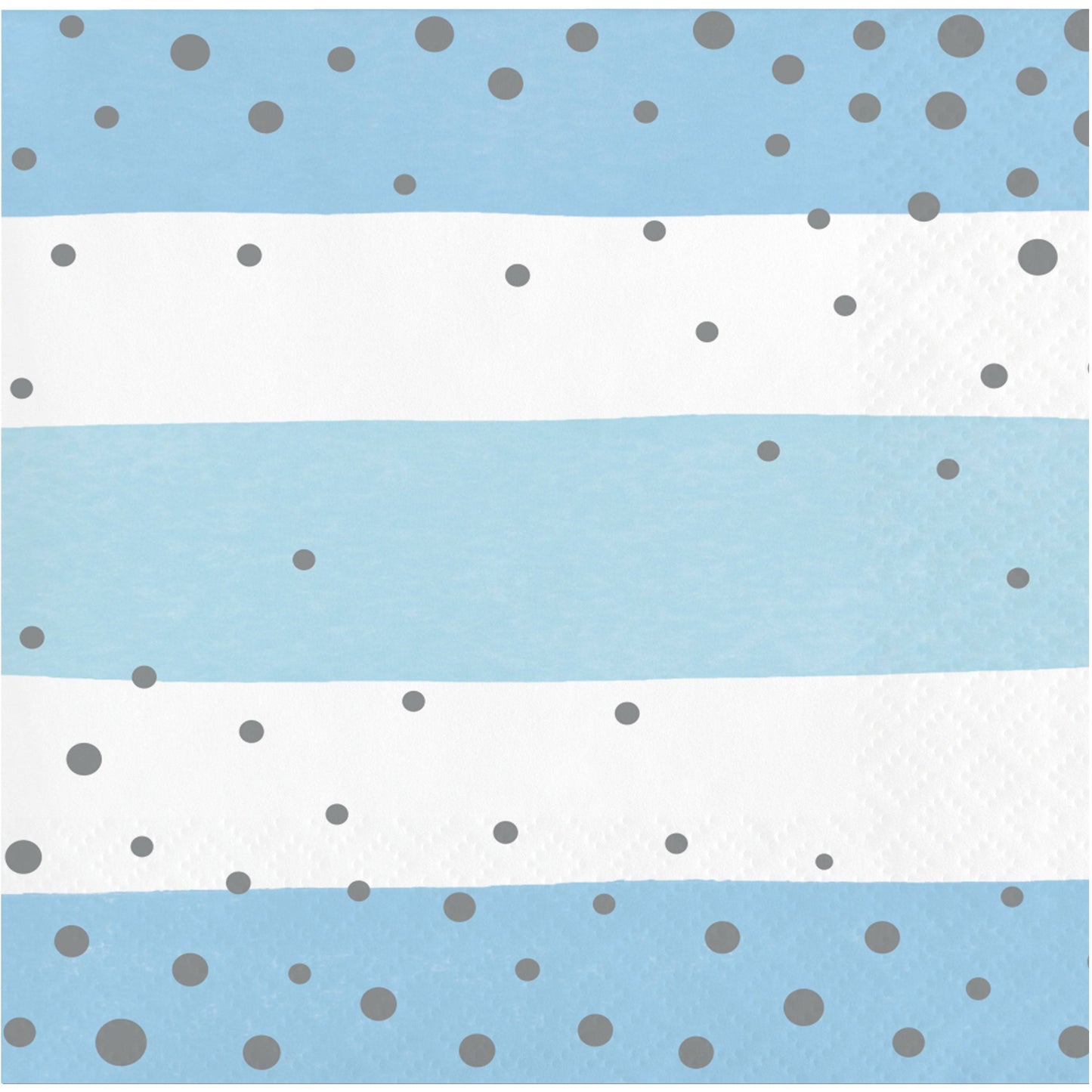 Servilleta pequeña azul con rayas blancas y puntos plateados, paquete de 16 unidades. Ideal para decoración de fiestas y celebraciones elegantes.