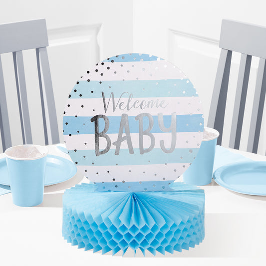 Centro de mesa Welcome baby Niño Fiesta Azul Plata x 1 UND