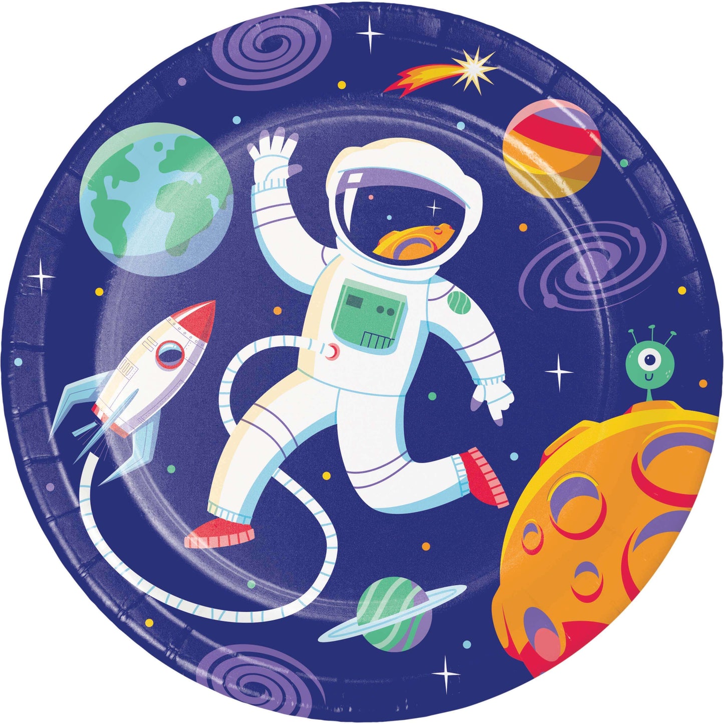 plato fiesta infantil niño astronauta cohetes planetas
