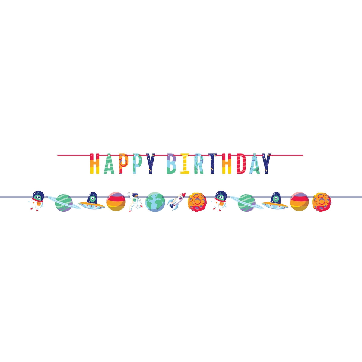 banderin happy birthday espacial con planetas cohete y marciano
