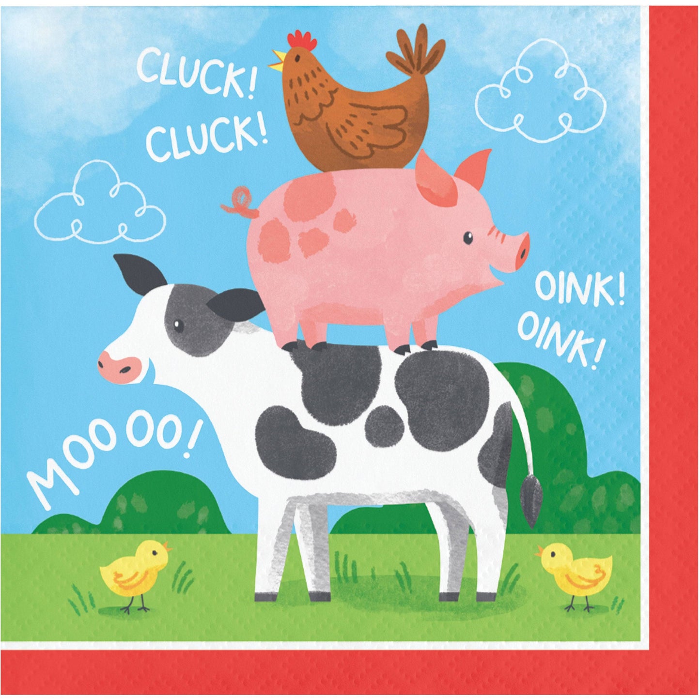 Servilleta pequeña con diseño de Animales de la granja, incluye vaca, cerdo y gallina apilados, con pollitos y nubes en fondo azul. Ideal para cumpleaños infantil.