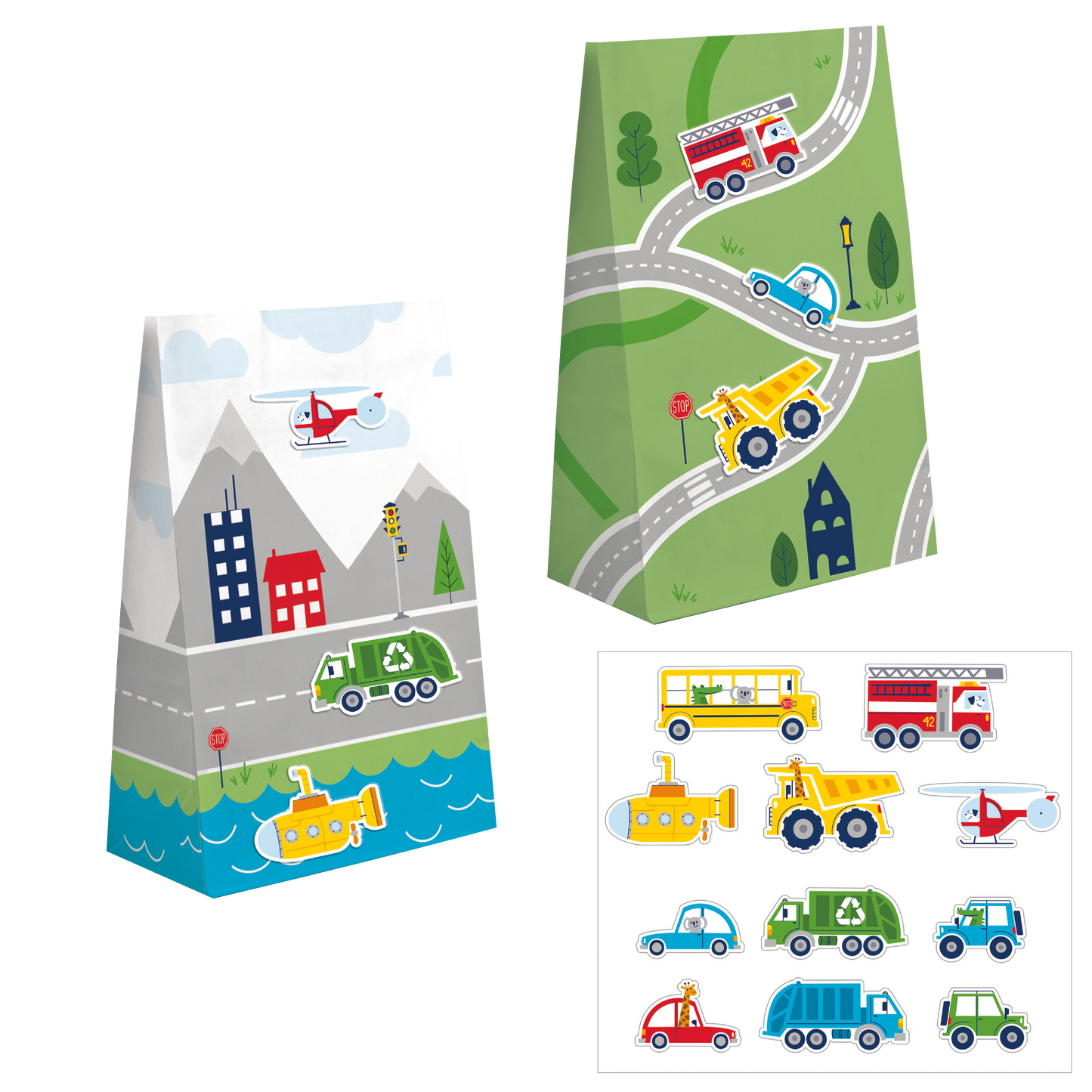 bolsas de sorpresas para fiestas infantiles de niño con stickers de carritos camiones helicoptero submarino