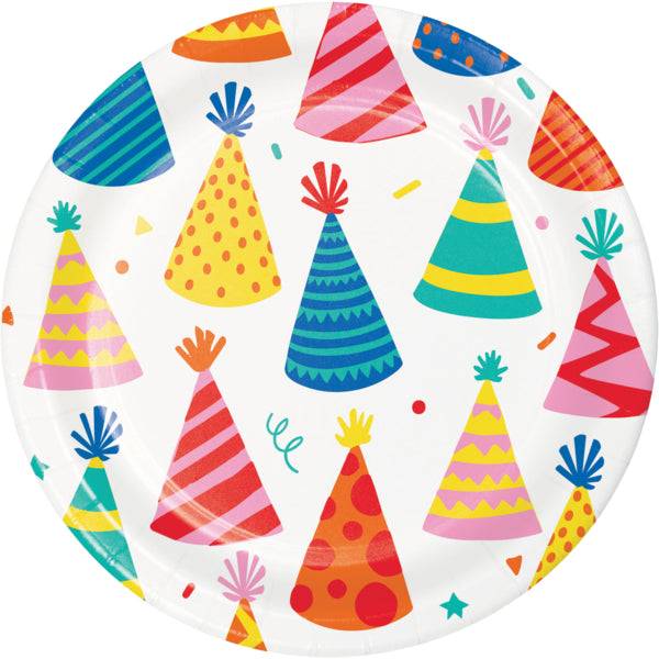 Plato Fiesta Make a wish con diseño de sombreros de cumpleaños coloridos. Paquete de 8 platos de papel rígido, tamaño 17.7 cm, ideal para fiestas de adultos.