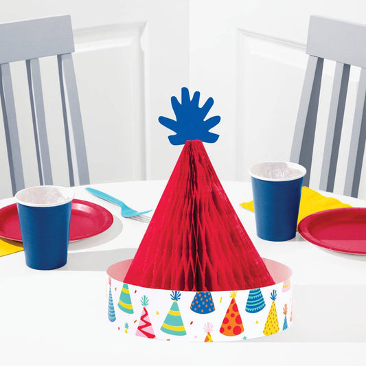 Centro de mesa gorro de cumpleaños Make a Wish con diseño retro en colores vivos, ideal como decoración para fiestas de adultos nostálgicas.