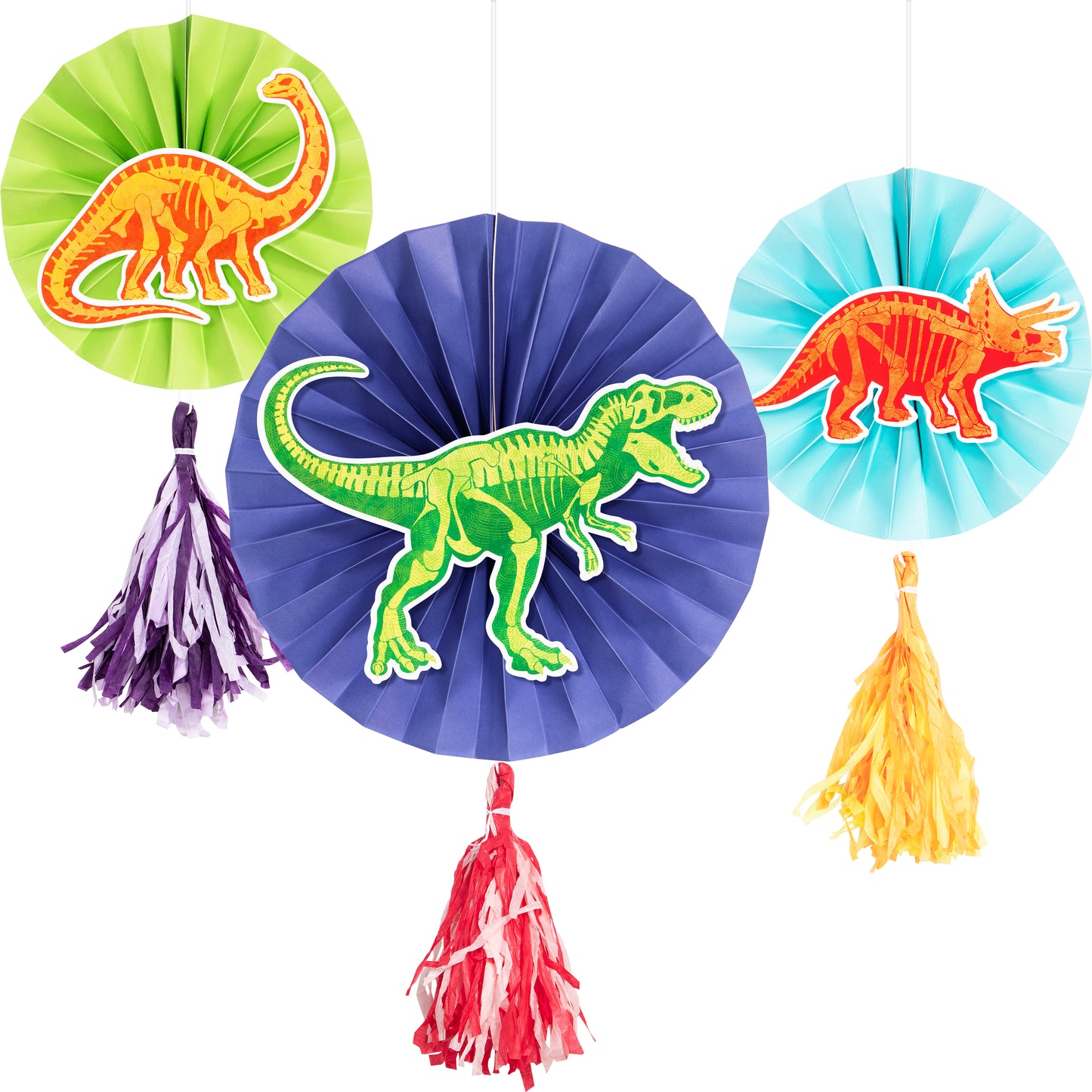 Colgante decorativo dinosaurios x 3 UND con diseños de T-Rex, Triceratops y Brachiosaurio en papel de colores vivos. Ideal para decoración de fiesta infantil.