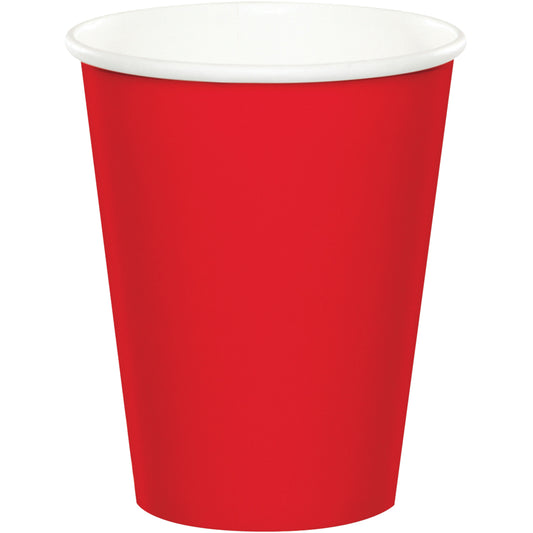 Vaso desechable rojo de cartón 9 oz, ecológico e ideal para bebidas calientes o frías en eventos y fiestas. Pack de 8 unidades unicolor.