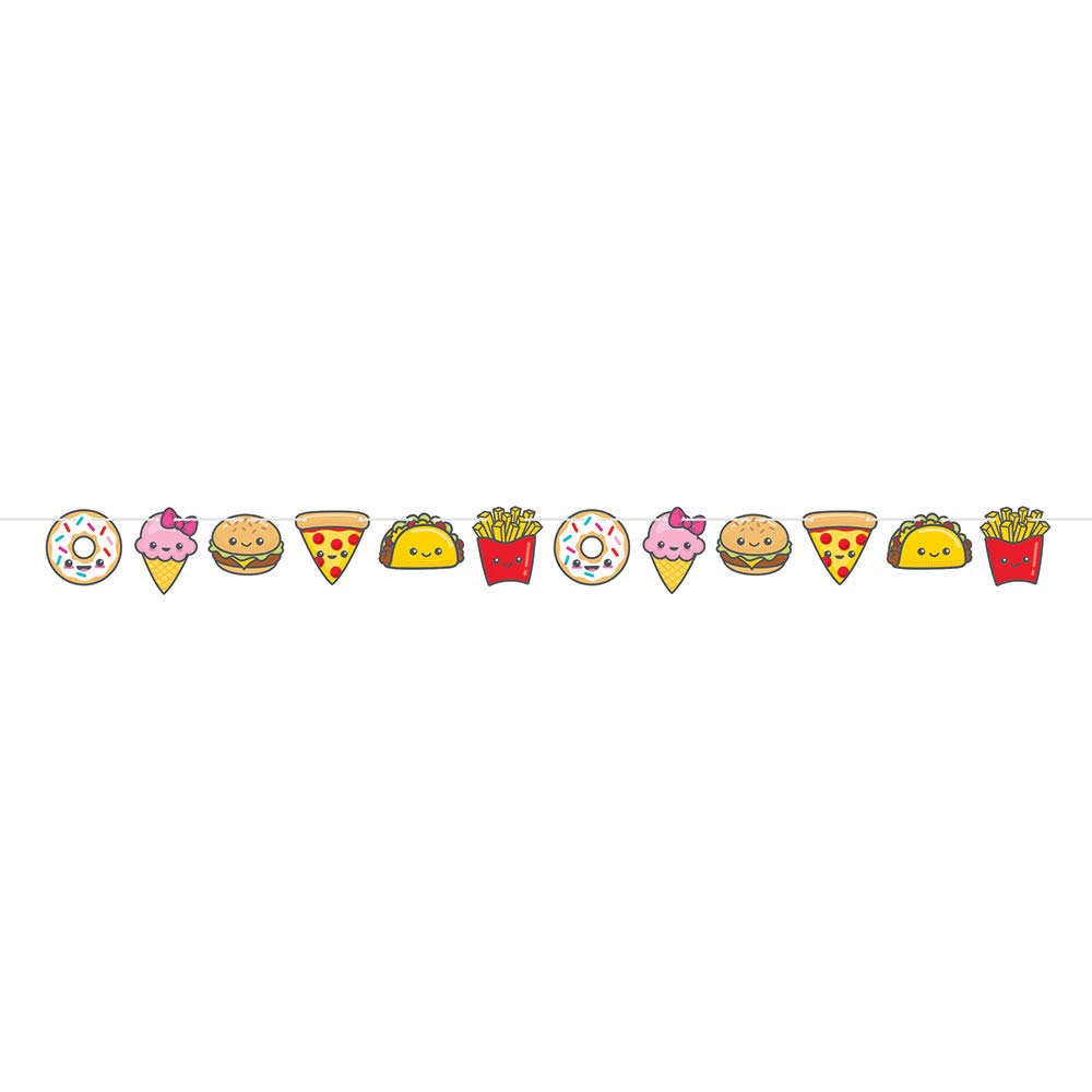 Banderín Donut variado x 1 UND con diseño de donas glaseadas, helados, hamburguesas y papas fritas, ideal para decoración de fiestas de cumpleaños.