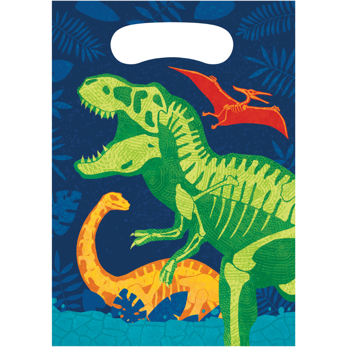 Bolsa de regalo con diseño de dinosaurios en colores brillantes, perfecta para fiestas temáticas y sorpresas.
