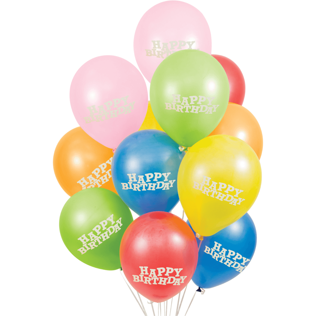 Globos de colores vivos con la frase 'Happy Birthday' en tonos pastel y primarios, ideales para decoración de fiestas infantiles.