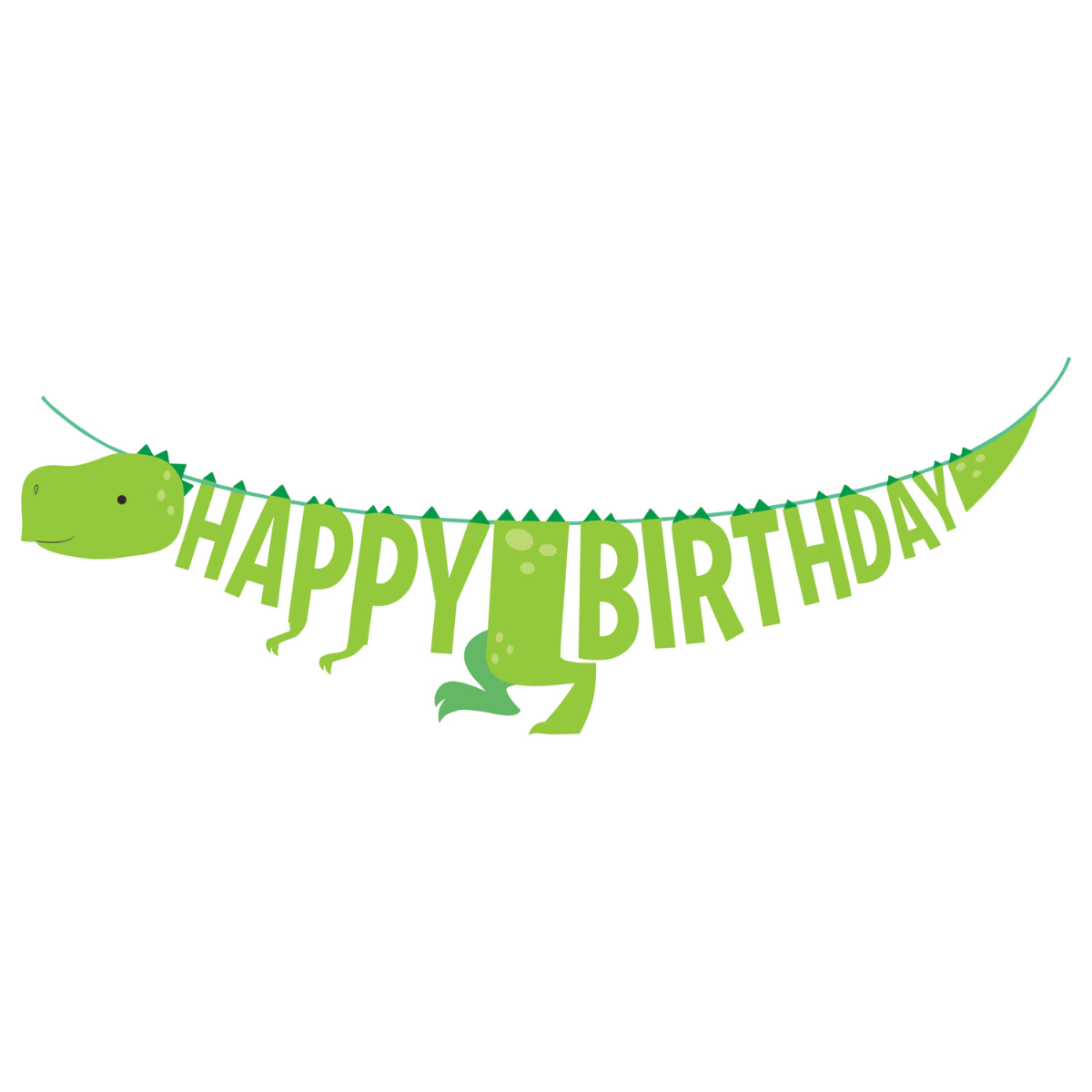 Guirnalda de cumpleaños con diseño de dinosaurio verde y texto 'Happy Birthday', ideal para decoración temática.