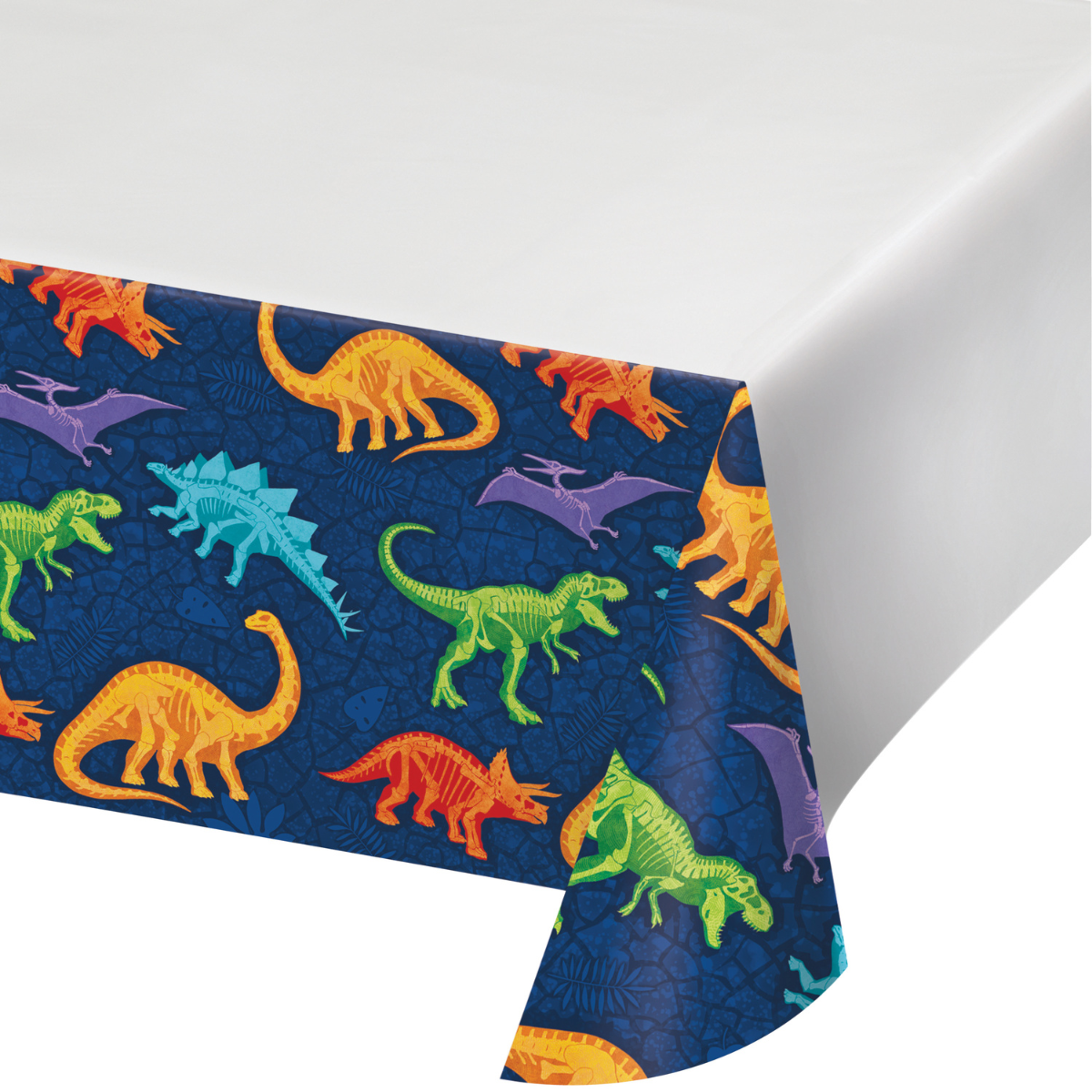 Mantel de plástico con estampado de dinosaurios coloridos, perfecto para proteger mesas en fiestas temáticas.