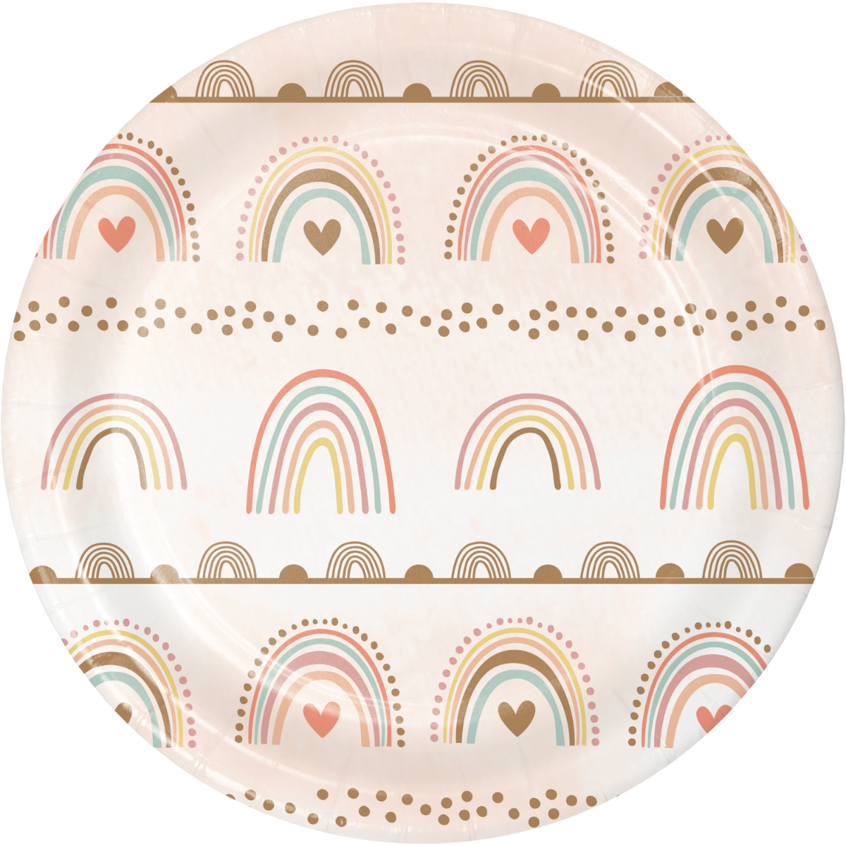 Plato desechable con estampado de arcoiris boho y corazones en tonos pastel, parte del Kit Fiesta Arcoiris 1er Cumpleaños. Diseño boho único.