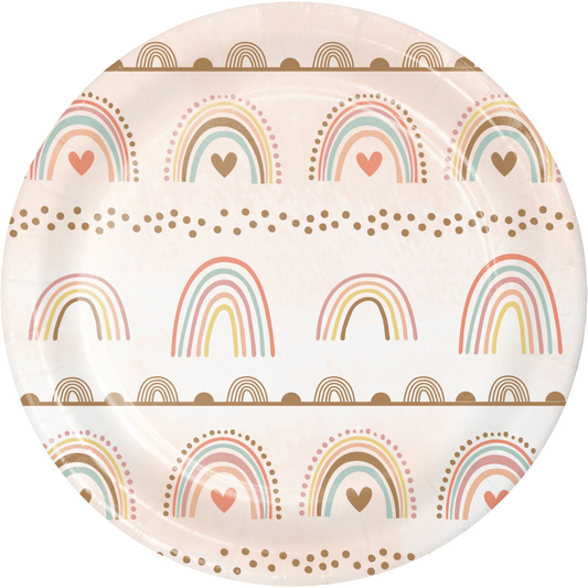 Plato desechable con estampado de arcoiris boho y corazones en tonos pastel, parte del Kit Fiesta Arcoiris 1er Cumpleaños. Diseño boho único.