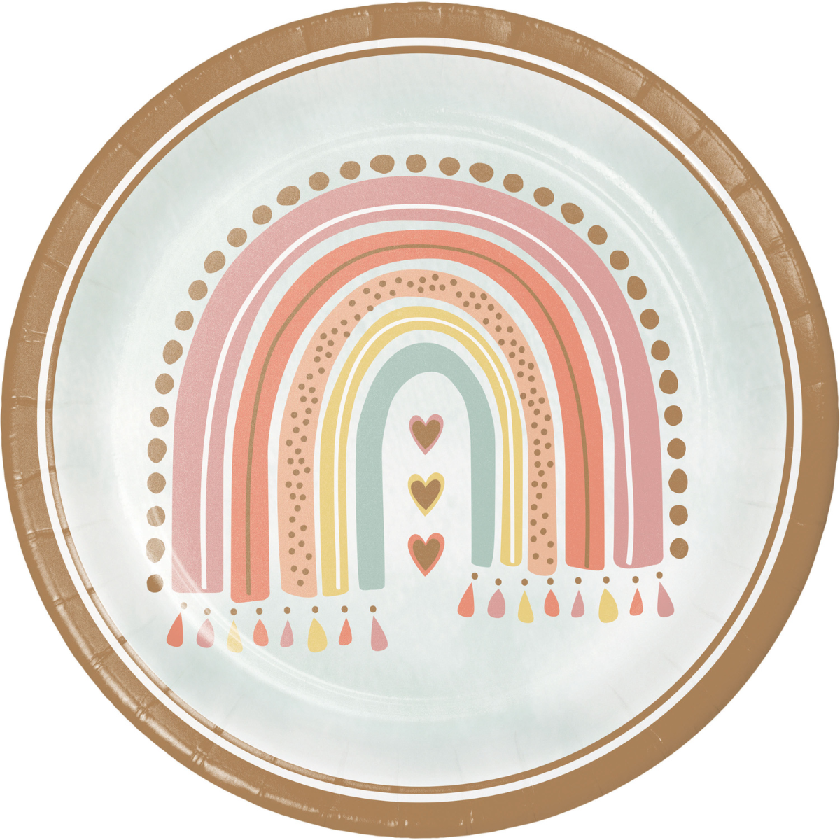 Plato desechable con diseño de arcoiris boho en tonos pastel, parte del Kit Fiesta Arcoiris Boho 1er Cumpleaños. Ideal para decoración temática.