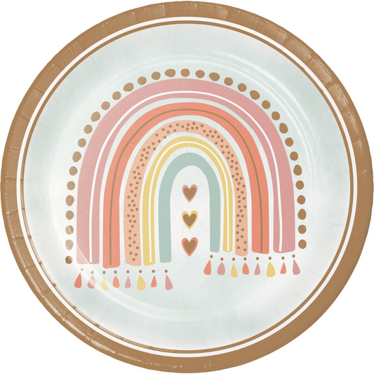 Plato desechable con diseño de arcoiris boho en tonos pastel, parte del Kit Fiesta Arcoiris Boho 1er Cumpleaños. Ideal para decoración temática.