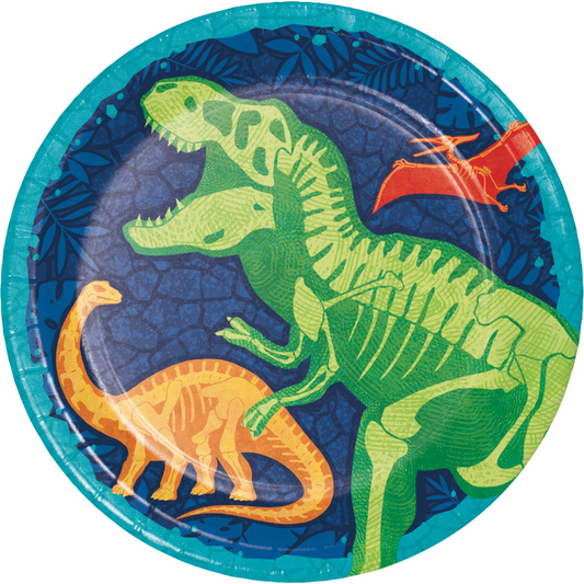 Plato temático de dinosaurios con diseño de T-Rex verde y otros dinosaurios en colores vibrantes, ideal para fiestas infantiles.