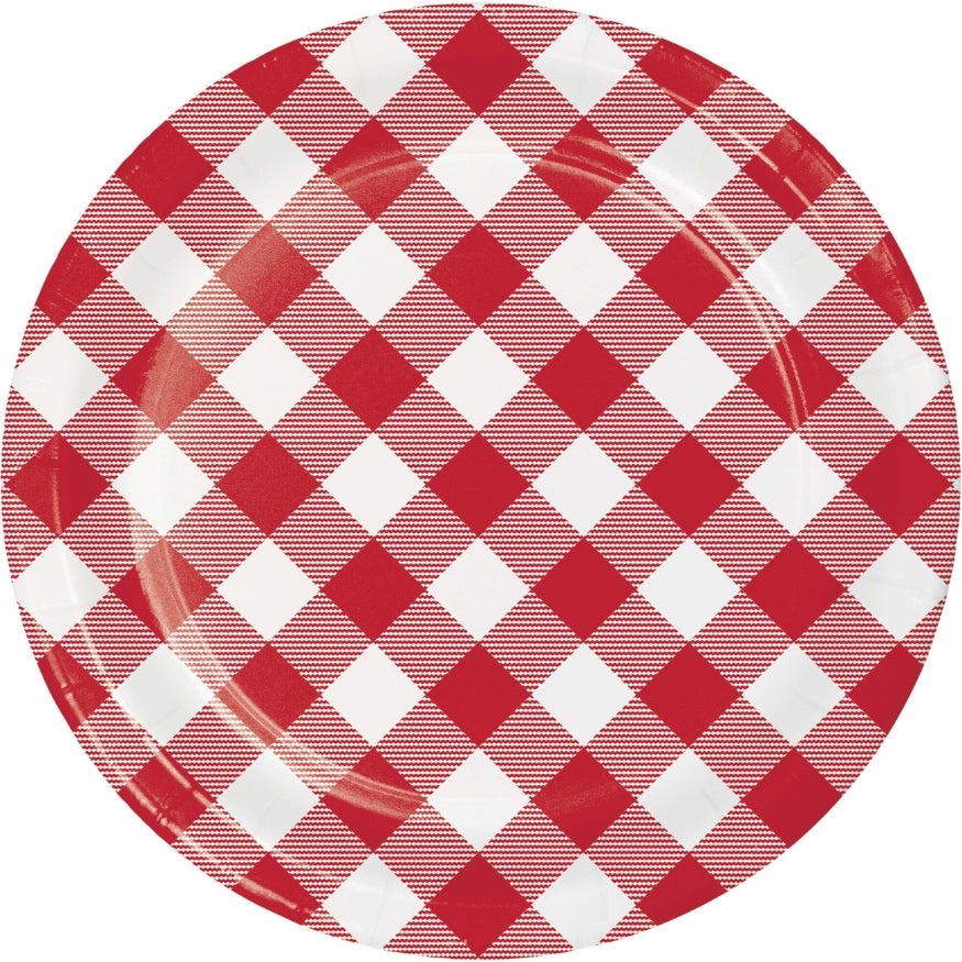 Platos Picnic Cuadros Rojo y Blanco (17.7cm) x 8 UND, diseño clásico ideal para barbacoas y picnics. Perfectos para postres y pasabocas.
