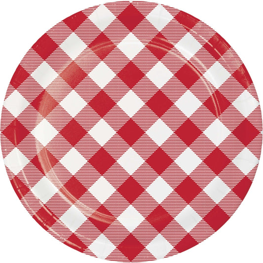 Platos Picnic Cuadros Rojo y Blanco (17.7cm) x 8 UND, diseño clásico ideal para barbacoas y picnics. Perfectos para postres y pasabocas.