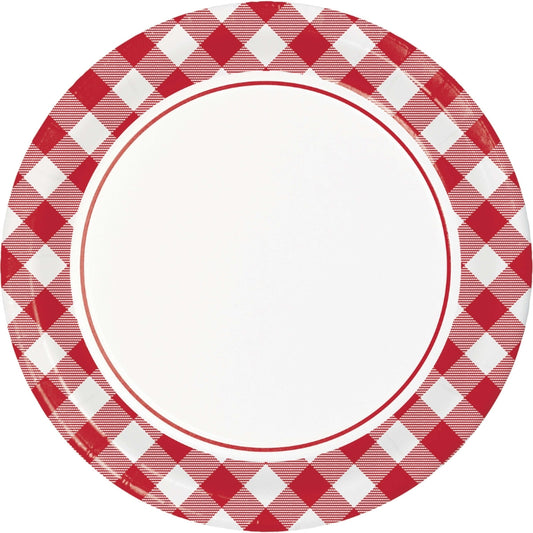 Platos picnic cuadros rojos y blancos de cartón fuerte, diseño clásico de 22.2 cm. Pack de 8 unidades, ideal para barbacoas y comidas al aire libre.