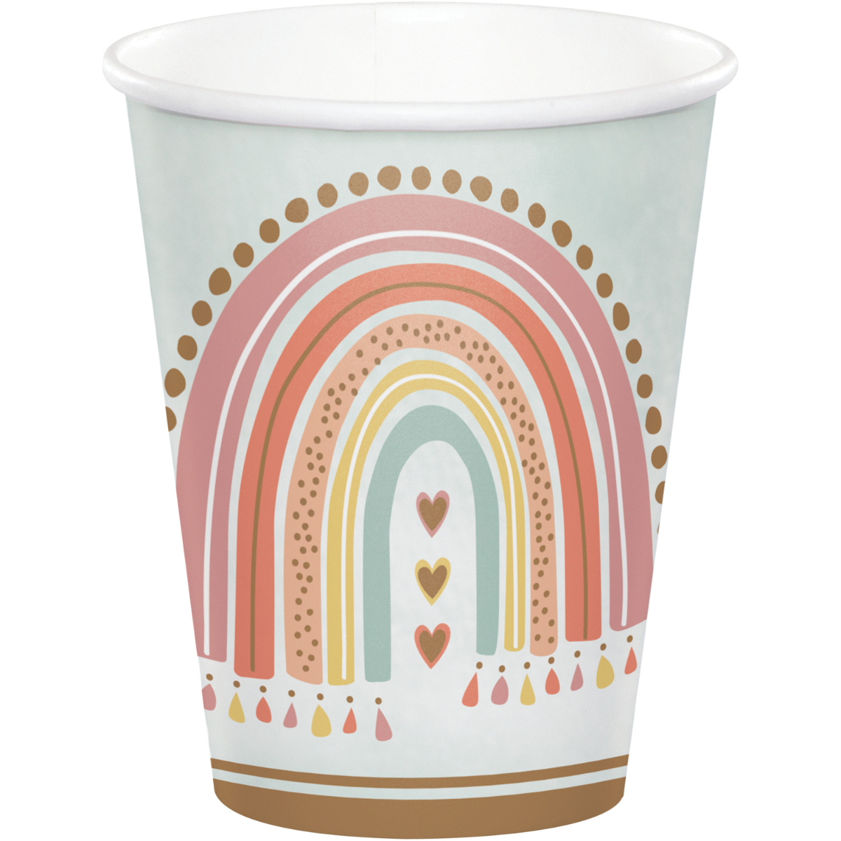 Vaso desechable con diseño de arcoiris boho en tonos pastel, parte del Kit Fiesta Arcoiris Boho 1er Cumpleaños. Ideal para decoración temática.