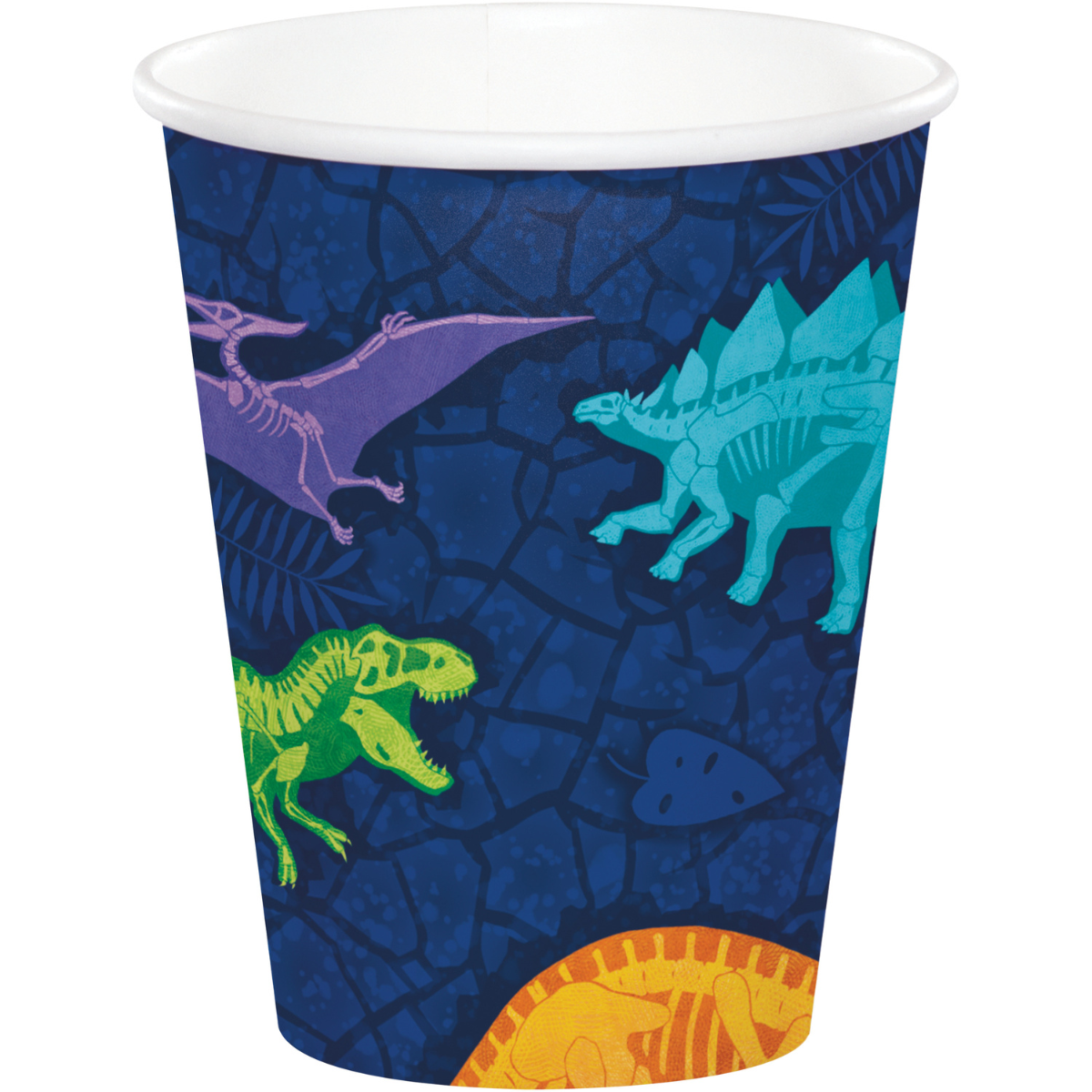 Vaso de papel con diseño de dinosaurios en colores vivos, perfecto para complementar fiestas temáticas de dinosaurios.