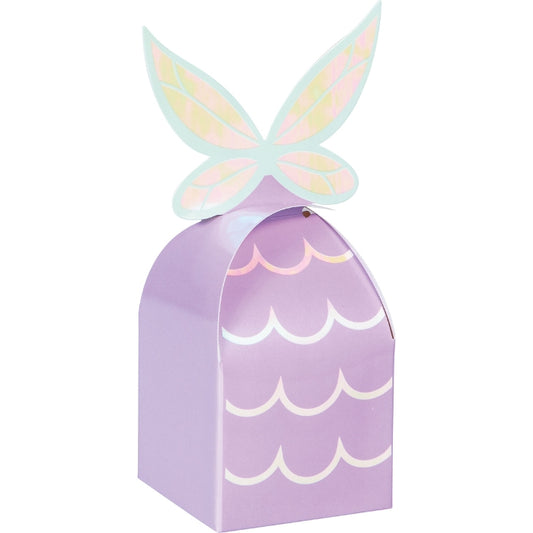 Caja sorpresa fiesta diseño mariposa en cartón iridiscente color lila. Perfecta para dulces y recuerdos en celebraciones temáticas.