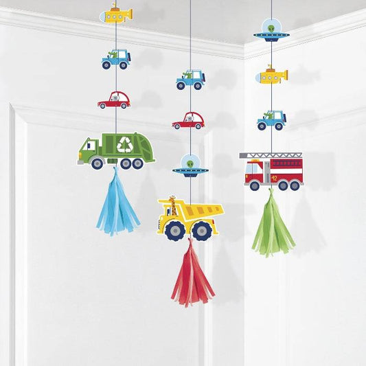 Decoración colgante fiesta Transportes (17.7cm) x 3 UND con diseños de carros, camiones y aviones, ideal para cumpleaños infantiles.