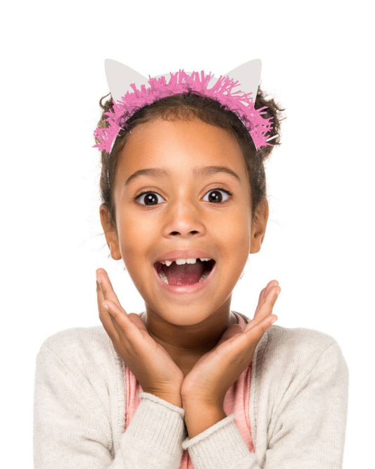 Diadema fiesta gatos x 8 UND con orejas de gato y detalles rosados, ideal para cumpleaños infantil y celebraciones temáticas.