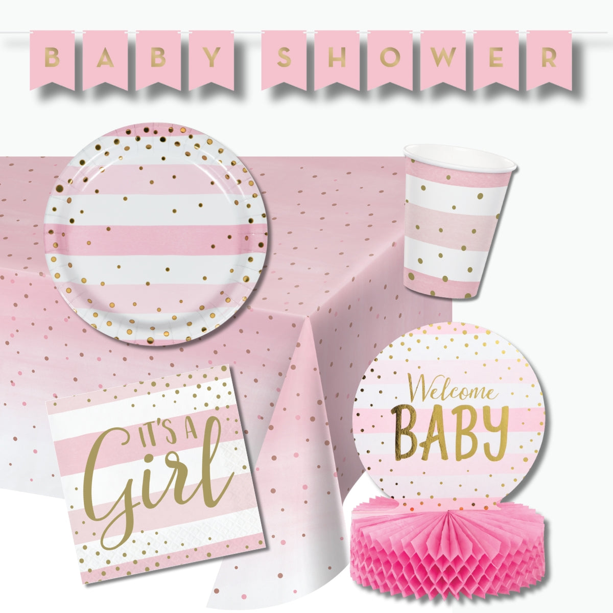 Kit Baby Shower Niña - Celebración con vajilla desechable rosa y dorado, decoración temática 'It's a Girl' y 'Welcome Baby'. Incluye mantel, platos, vasos y servilletas para 8 personas.