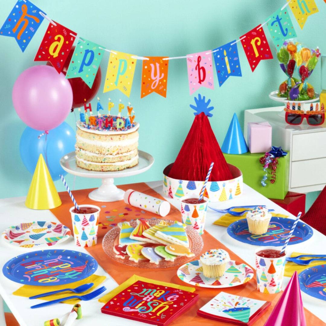 Kit Fiesta Adulto Make a Wish con decoración temática de cumpleaños. Incluye vajilla, pancarta, globos y accesorios para 8 invitados.