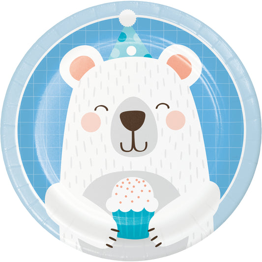 Plato desechable con diseño de oso polar sosteniendo un cupcake, ideal para fiestas de cumpleaños infantiles temáticas de 1 año.