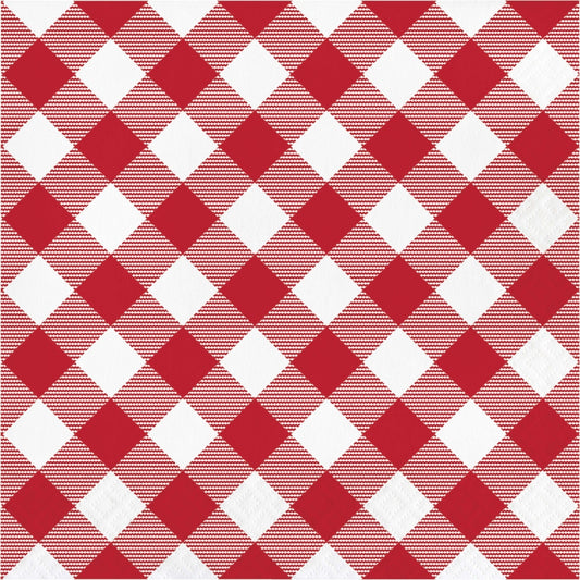 Servilleta grande con diseño de cuadros rojos y blancos, ideal para picnic o barbacoas al aire libre. Paquete de 16 unidades, material resistente.