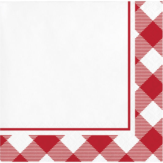 Servilleta pequeña con diseño de cuadros rojos y blancos, ideal para picnic y eventos al aire libre. Paquete de 16 unidades de papel resistente.