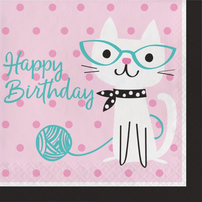 Servilleta grande con diseño de gato con gafas y texto 'Happy Birthday' en fondo rosa con puntos. Paquete de 16 unidades desechables.