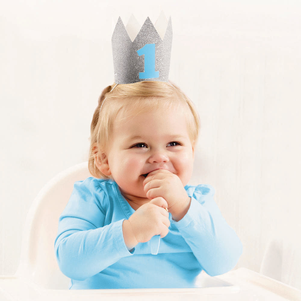 Mini corona plateada con brillo azul | Primer cumpleaños niño