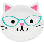 Plato en forma de carita de gato con gafas turquesa y detalles rosados. Ideal para decoración de cumpleaños temática gatuna. Paquete de 8 unidades.