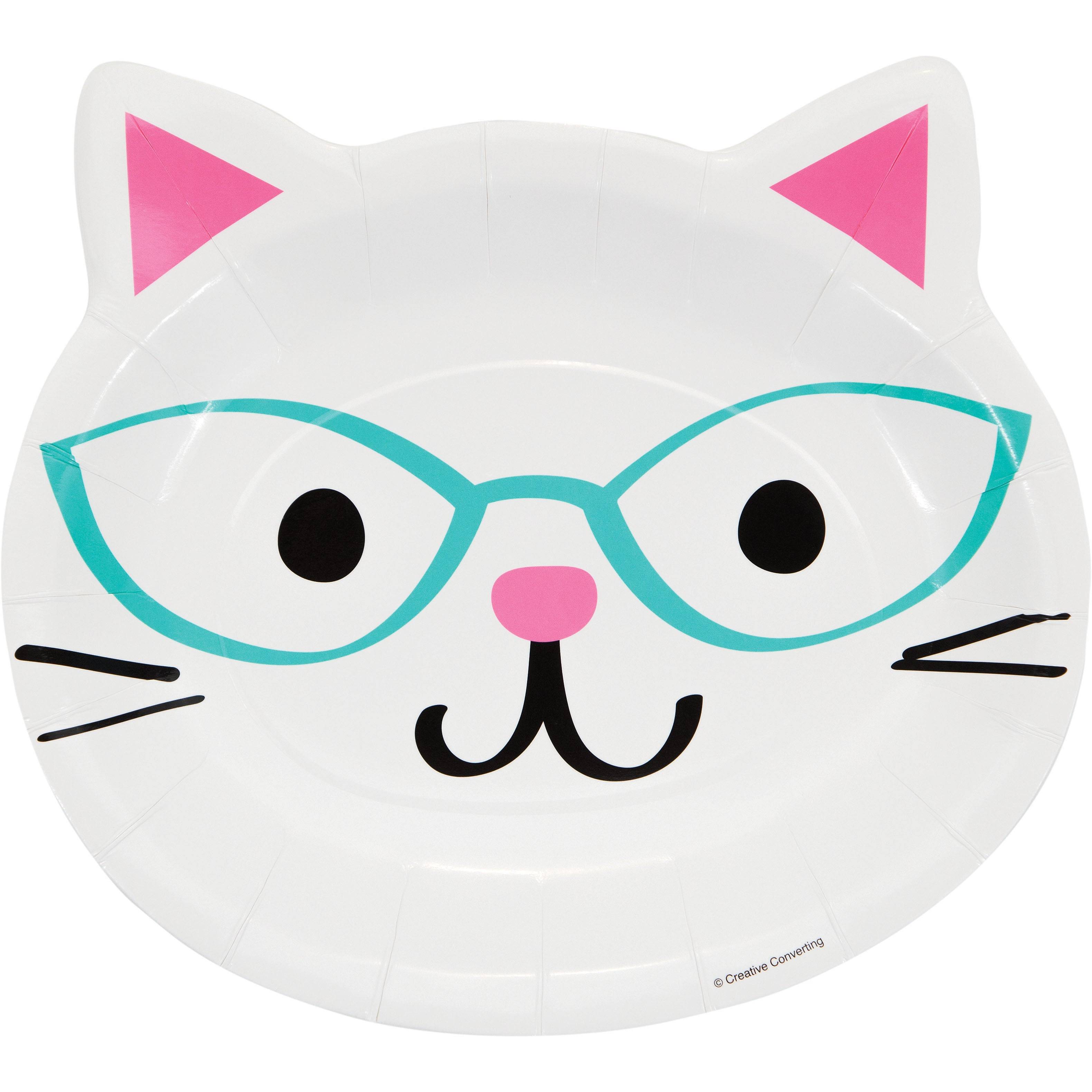 Plato en forma de carita de gato con gafas turquesa y detalles rosados. Ideal para decoración de cumpleaños temática gatuna. Paquete de 8 unidades.