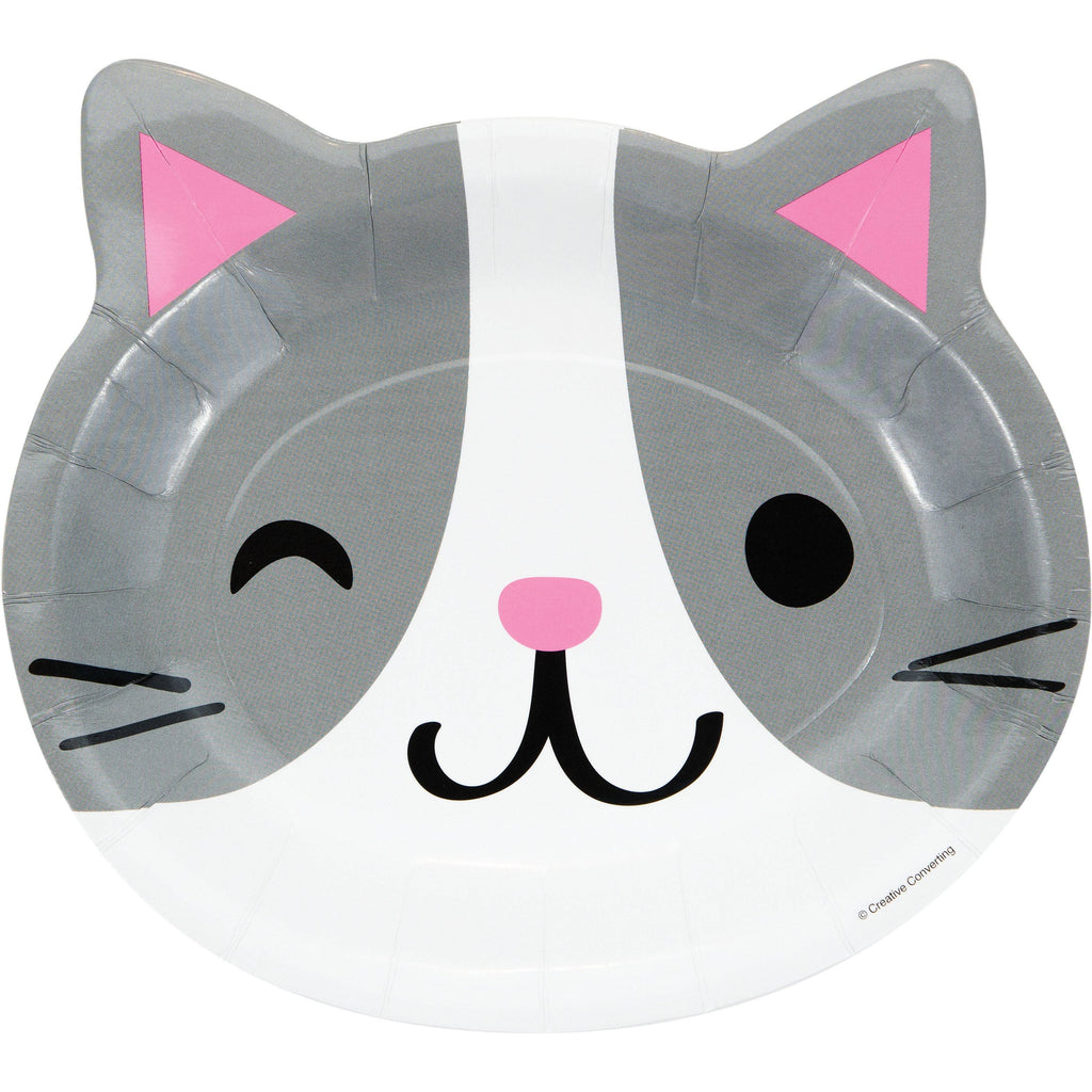 Plato en forma de carita de gato con diseño gris y blanco, orejas rosadas y guiño. Ideal para decoración de cumpleaños temáticos.