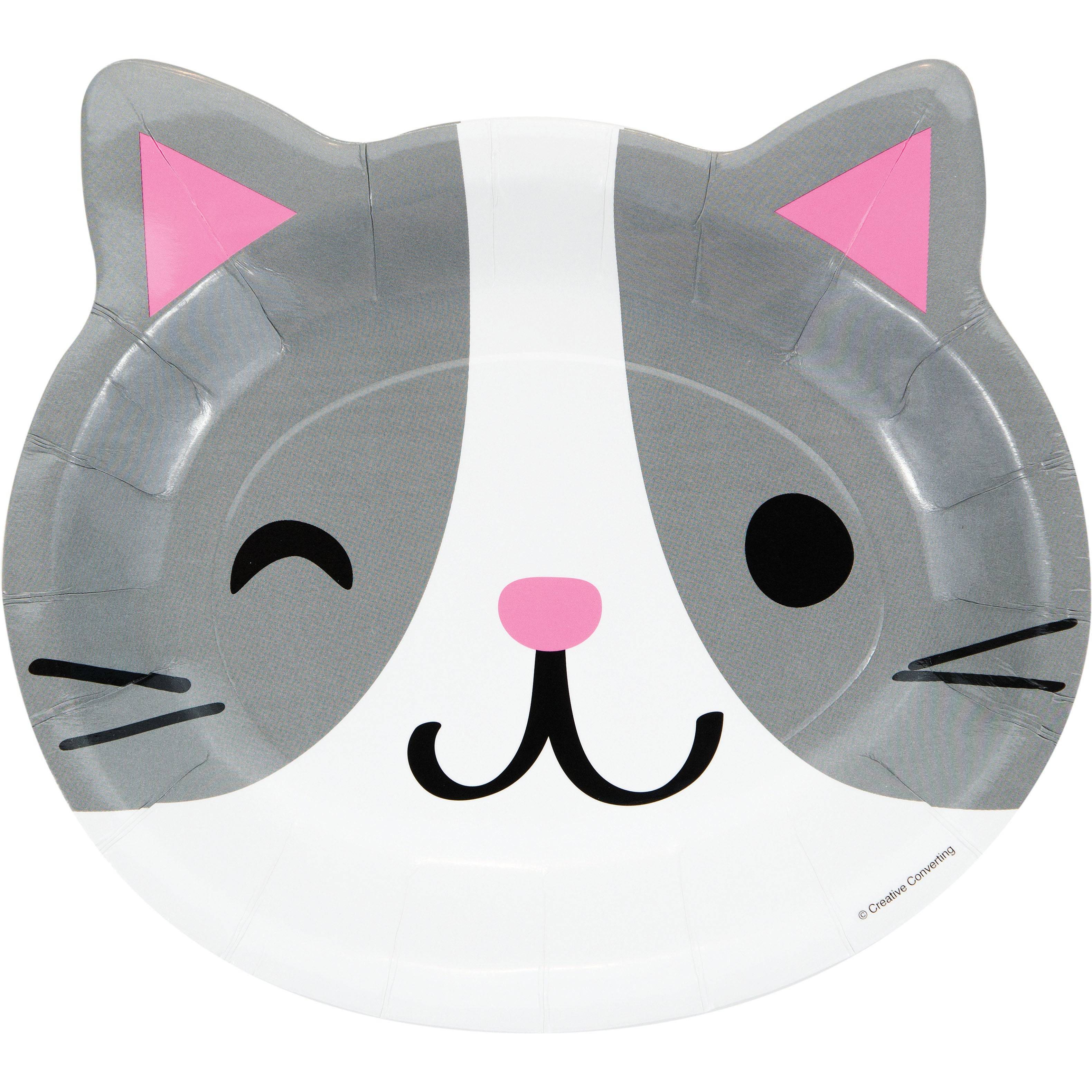 Plato en forma de carita de gato con diseño gris y blanco, orejas rosadas y guiño. Ideal para decoración de cumpleaños temáticos.