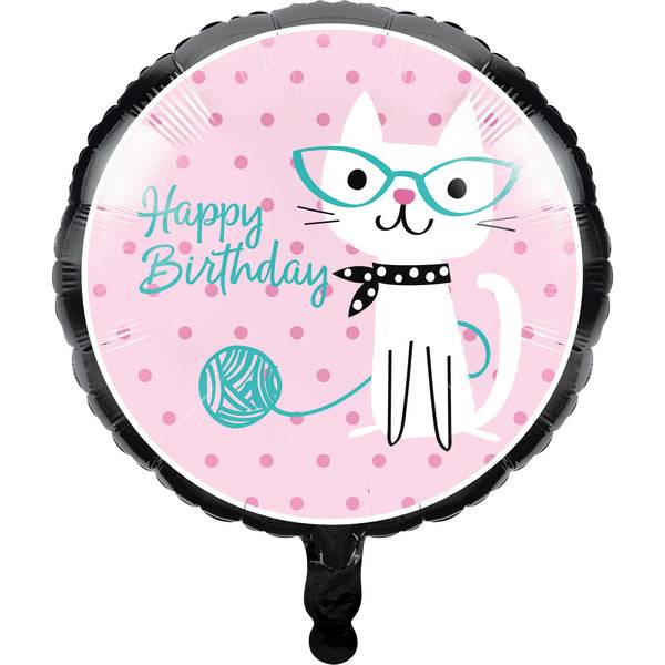 Bomba Gatos Foil con diseño de gato blanco con gafas y bufanda sobre fondo rosado con puntos. Ideal para decoración de fiestas de cumpleaños.
