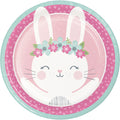 Plato de fiesta con diseño de conejita en tonos rosados, ideal para plato fuerte en celebraciones infantiles y primer cumpleaños.