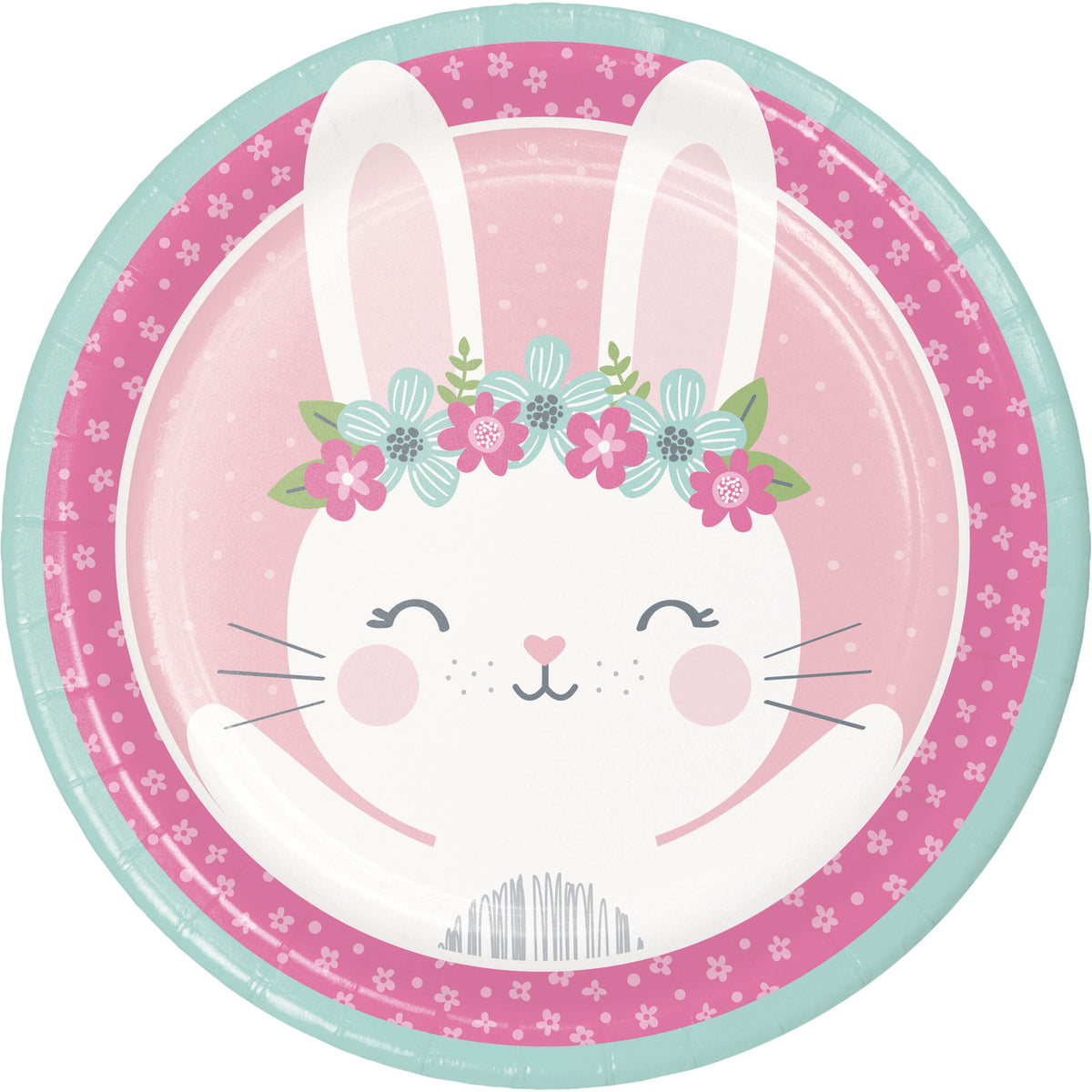 Plato de fiesta con diseño de conejita en tonos rosados, ideal para plato fuerte en celebraciones infantiles y primer cumpleaños.