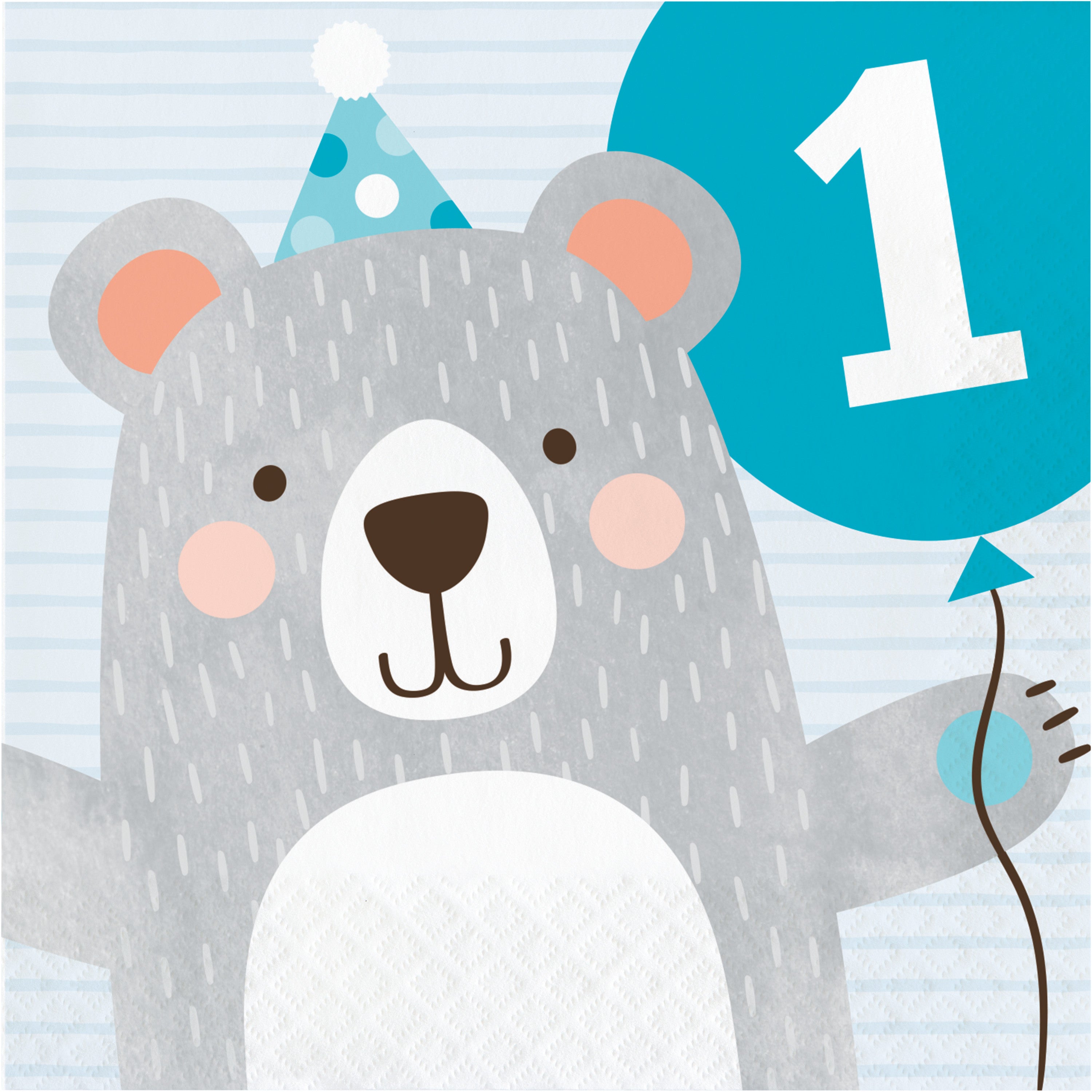 Servilleta decorativa con oso gris y globo azul con número 1, perfecta para fiestas de cumpleaños de niños pequeños.