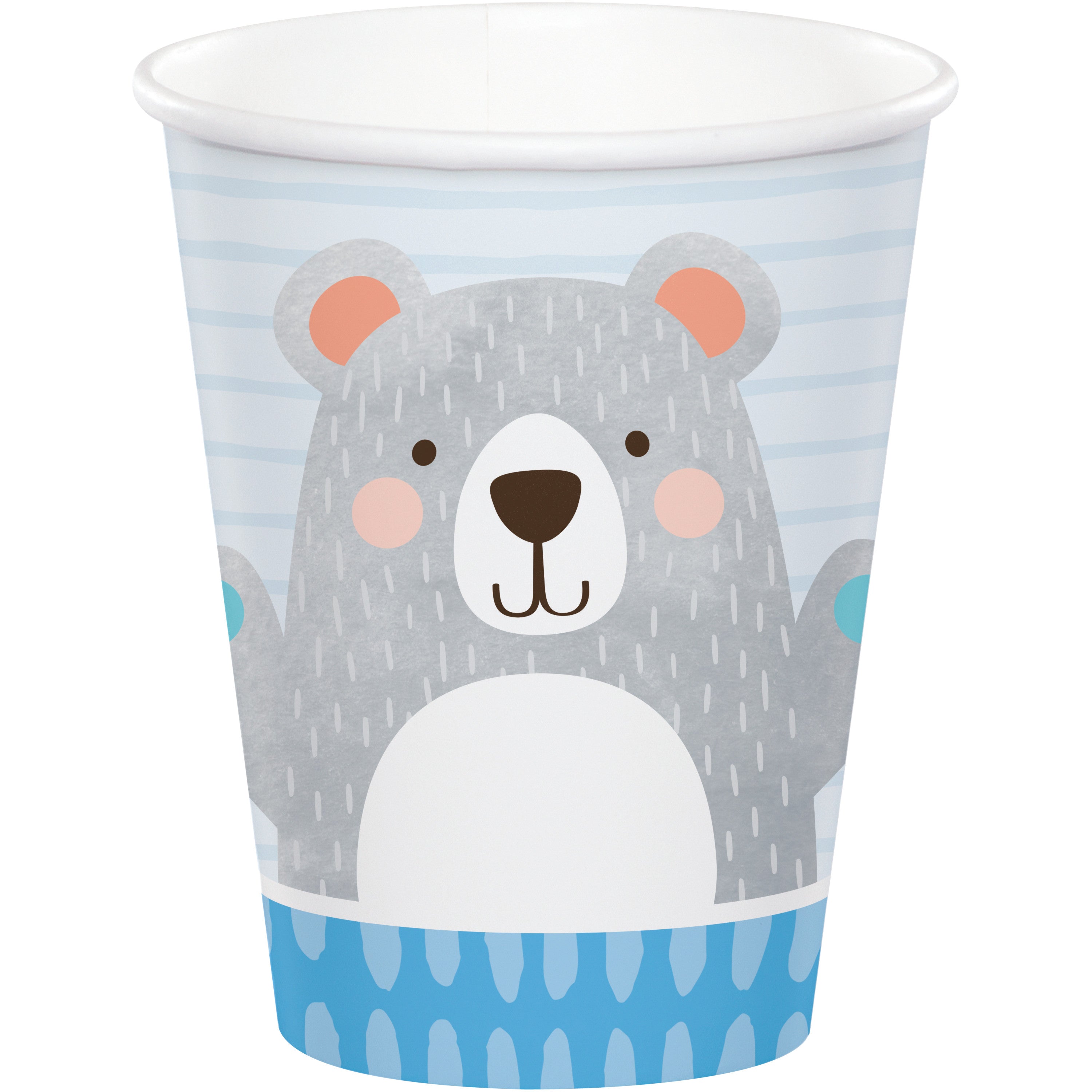 Vaso desechable con diseño de oso gris sobre fondo azul, ideal para complementar la decoración de fiestas temáticas de cumpleaños.